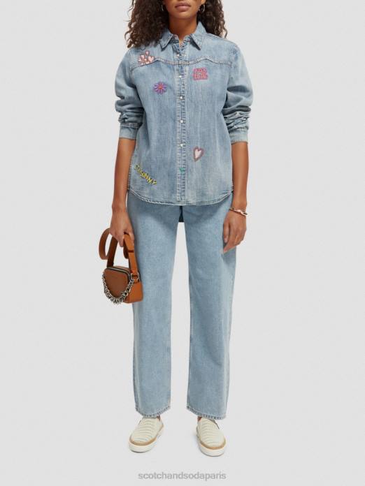 Scotch & Soda femmes chemise western en denim indigo lavé vêtements 4HB457