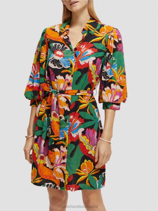 Scotch & Soda femmes robe courte en lin mélangé à manches bouffantes floral vêtements 4HB47