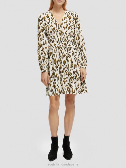 Scotch & Soda femmes robe courte imprimée à manches longues et col en V vert armée ikat brossé vêtements 4HB427