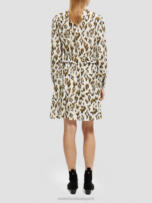 Scotch & Soda femmes robe courte imprimée à manches longues et col en V vert armée ikat brossé vêtements 4HB427