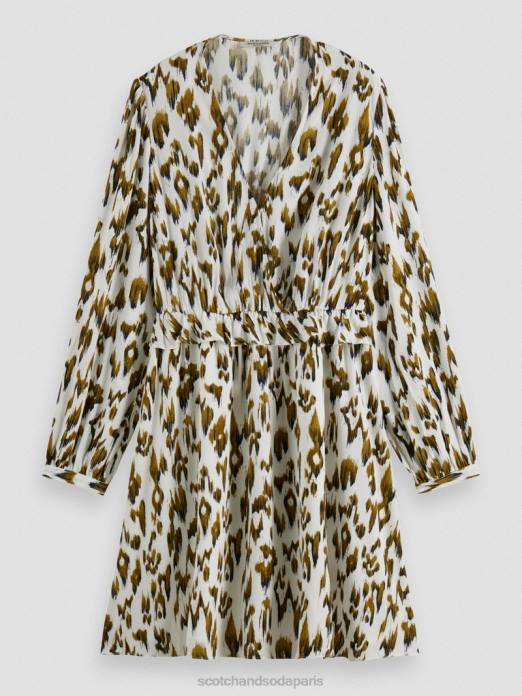 Scotch & Soda femmes robe courte imprimée à manches longues et col en V vert armée ikat brossé vêtements 4HB427