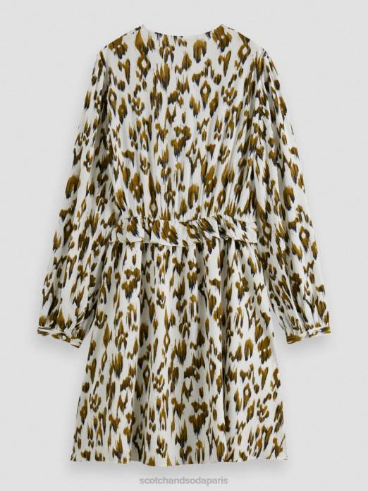 Scotch & Soda femmes robe courte imprimée à manches longues et col en V vert armée ikat brossé vêtements 4HB427