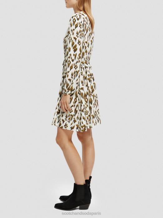 Scotch & Soda femmes robe courte imprimée à manches longues et col en V vert armée ikat brossé vêtements 4HB427