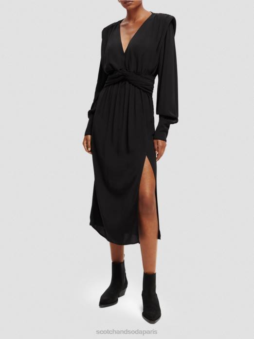 Scotch & Soda femmes robe midi ceinturée à manches longues et col V noir vêtements 4HB439