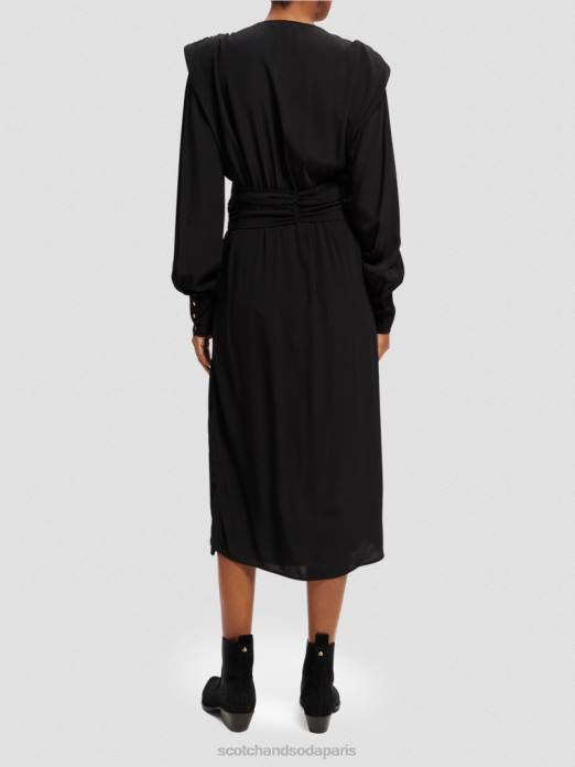 Scotch & Soda femmes robe midi ceinturée à manches longues et col V noir vêtements 4HB439