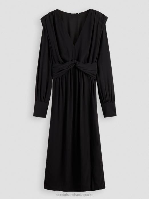 Scotch & Soda femmes robe midi ceinturée à manches longues et col V noir vêtements 4HB439
