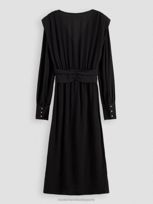 Scotch & Soda femmes robe midi ceinturée à manches longues et col V noir vêtements 4HB439