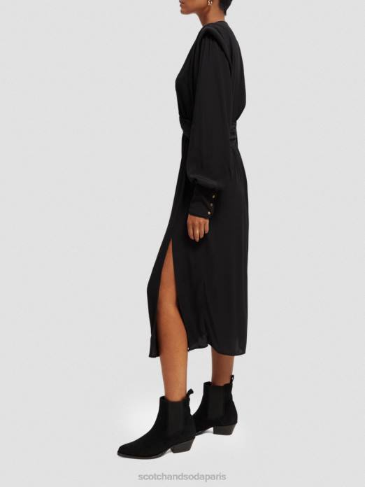 Scotch & Soda femmes robe midi ceinturée à manches longues et col V noir vêtements 4HB439