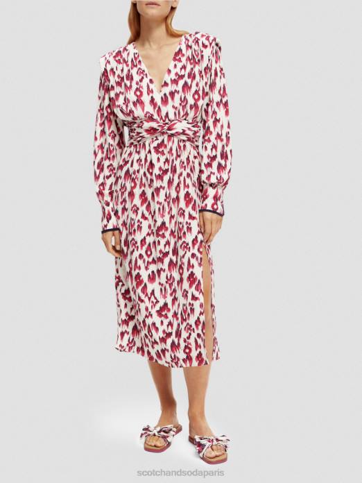 Scotch & Soda femmes robe midi ceinturée à manches longues et col V tarte aux cerises ikat brossées vêtements 4HB438