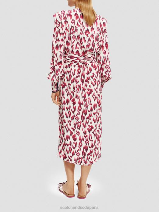 Scotch & Soda femmes robe midi ceinturée à manches longues et col V tarte aux cerises ikat brossées vêtements 4HB438