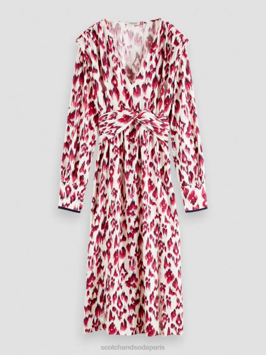 Scotch & Soda femmes robe midi ceinturée à manches longues et col V tarte aux cerises ikat brossées vêtements 4HB438