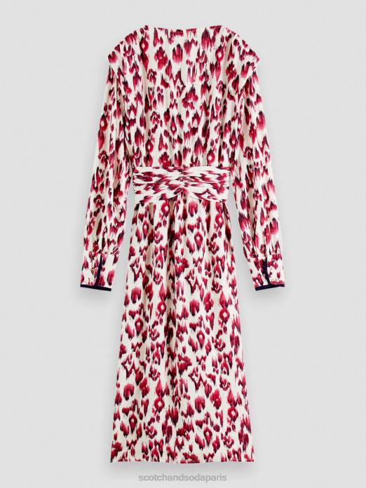 Scotch & Soda femmes robe midi ceinturée à manches longues et col V tarte aux cerises ikat brossées vêtements 4HB438