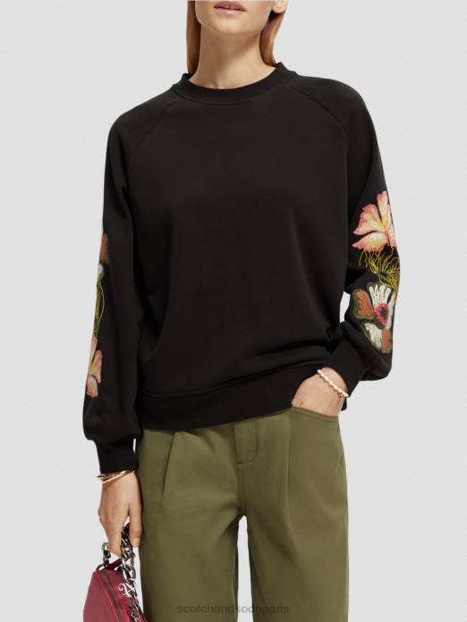 Scotch & Soda femmes sweat-shirt ras du cou à manches brodées noir vêtements 4HB4209
