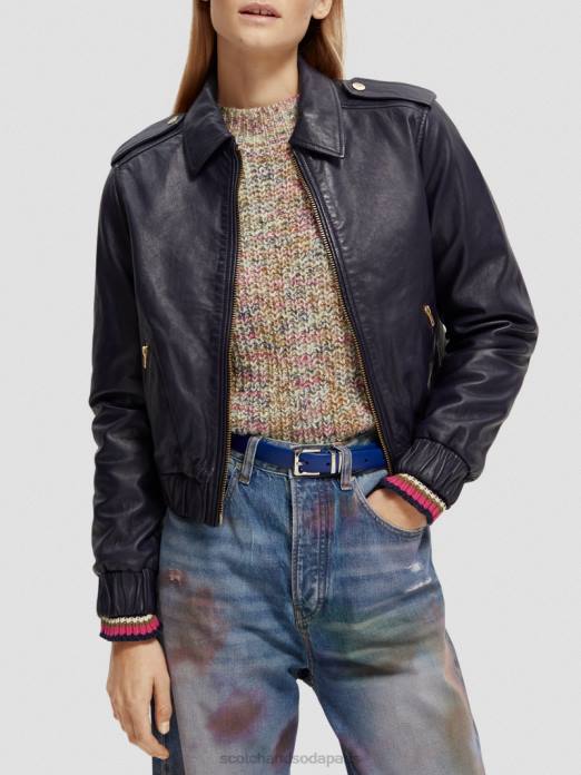 Scotch & Soda femmes blouson aviateur en cuir marine vêtements 4HB4142