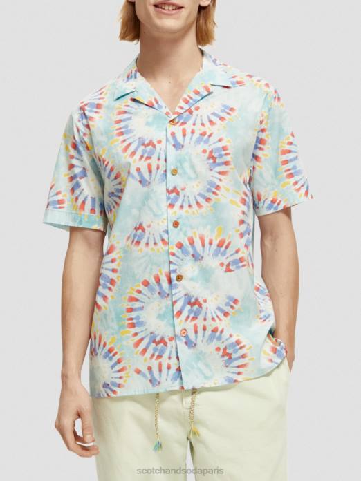 Scotch & Soda Hommes chemise de camp imprimée en coton biologique teinture de cravate de fleur de menthe vêtements 4HB4326