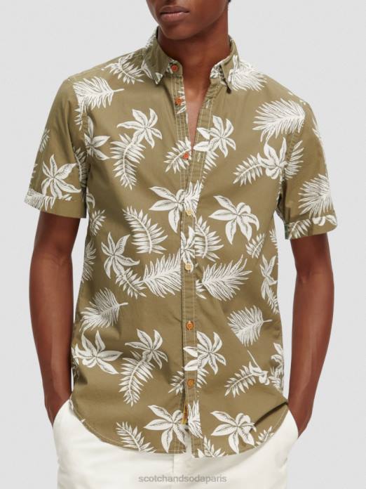 Scotch & Soda Hommes chemise en popeline imprimée coupe classique feuille kaki vêtements 4HB4331