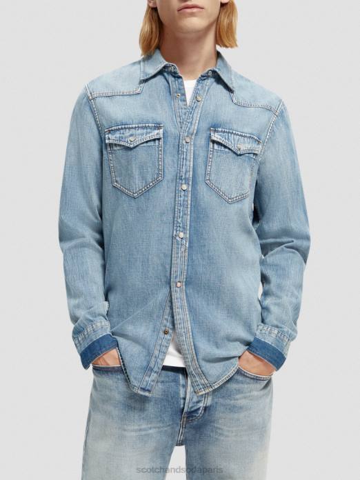 Scotch & Soda Hommes chemise western en denim réparé coupe classique indigo lavé vêtements 4HB4303