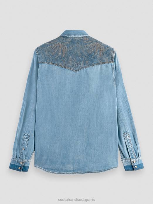 Scotch & Soda Hommes chemise western en denim réparé coupe classique indigo lavé vêtements 4HB4303