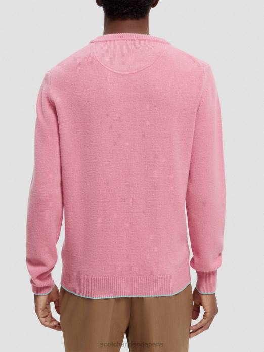 Scotch & Soda Hommes pull ras du cou en cachemire à bords contrastants rose mélangé vêtements 4HB4639