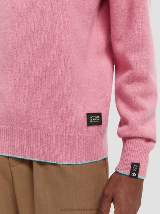 Scotch & Soda Hommes pull ras du cou en cachemire à bords contrastants rose mélangé vêtements 4HB4639