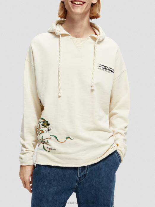 Scotch & Soda Hommes sweat à capuche en coton biologique à broderies artistiques blanc cassé vêtements 4HB4512