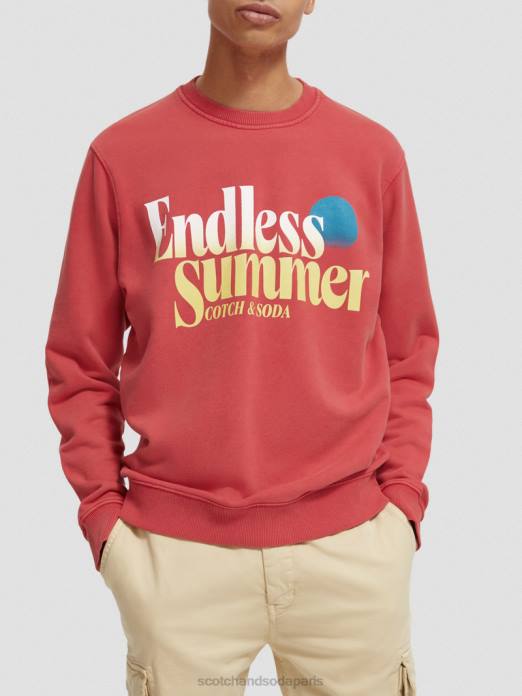 Scotch & Soda Hommes sweat-shirt ras du cou graphique teint en pièce coupe classique tulipe rouge vêtements 4HB4542