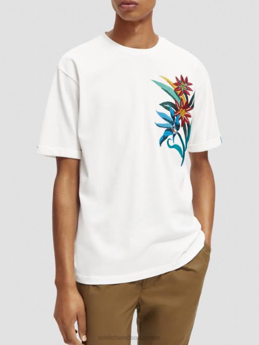 Scotch & Soda Hommes T-shirt coupe décontractée à fleurs brodées blanc vêtements 4HB4353