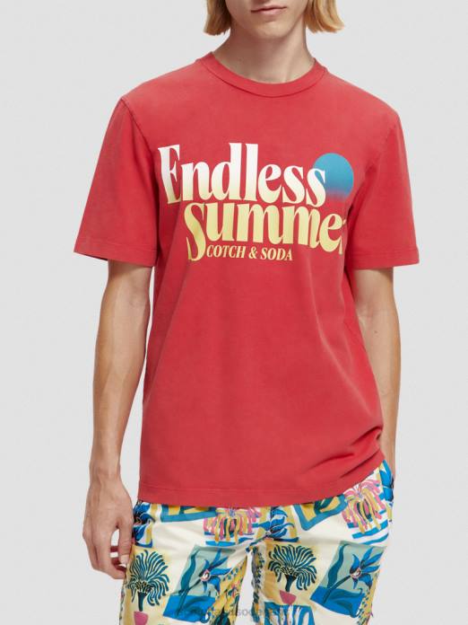 Scotch & Soda Hommes t-shirt à motif imprimé coupe classique teint en pièce tulipe rouge vêtements 4HB4357