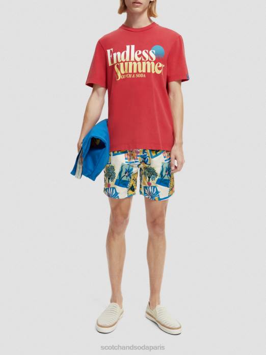 Scotch & Soda Hommes t-shirt à motif imprimé coupe classique teint en pièce tulipe rouge vêtements 4HB4357