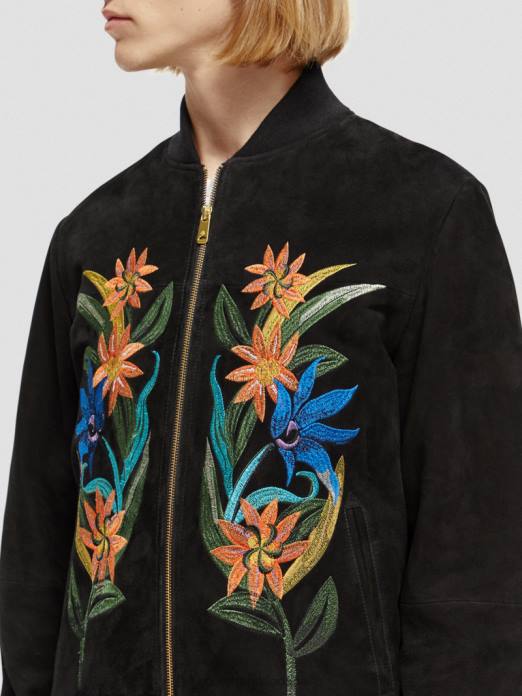 Scotch & Soda Hommes blouson aviateur en daim à broderies noir vêtements 4HB4563